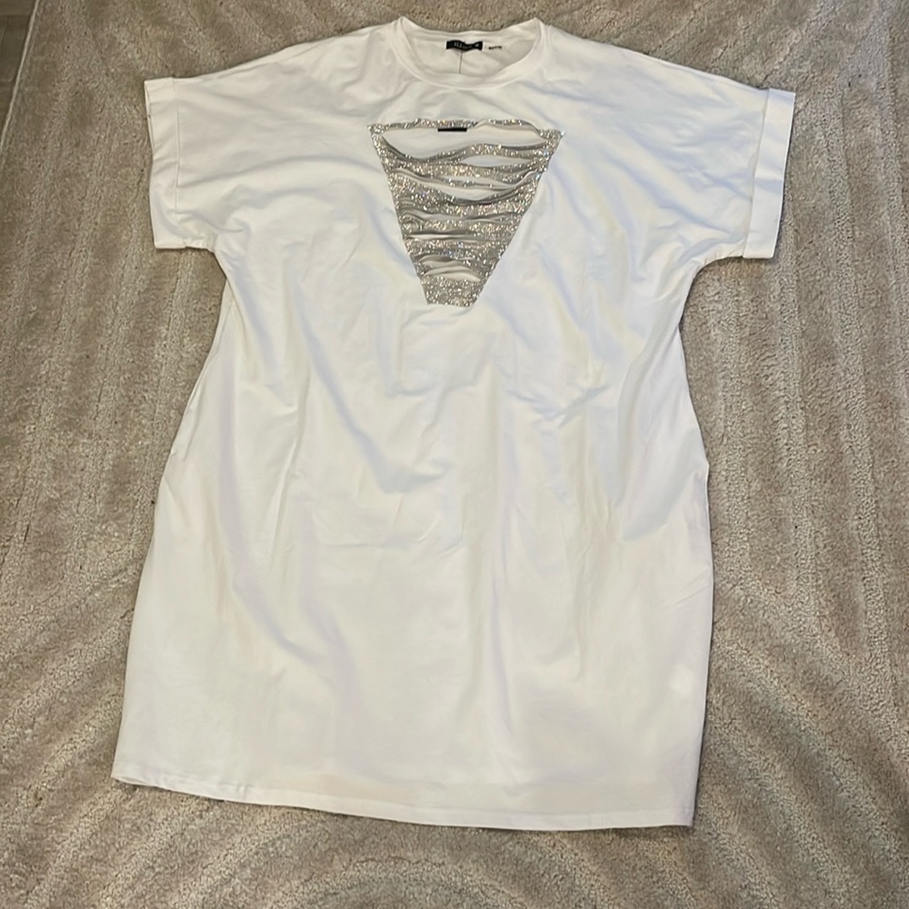 ILLord rhinestone ribbed v neck silver white cap sleeve dress plus size 3x NWT